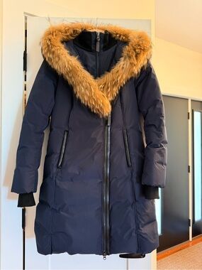 Mackage Navy Down Puffer Coat with Tan Faux Fur Hood Trim